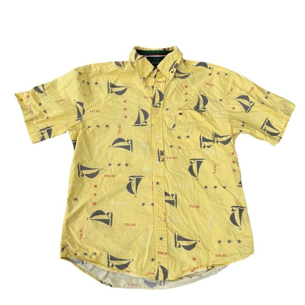Tommy Hilfiger vintage TH-85 Sailing Boats cotton camp shirt nautical print sz L